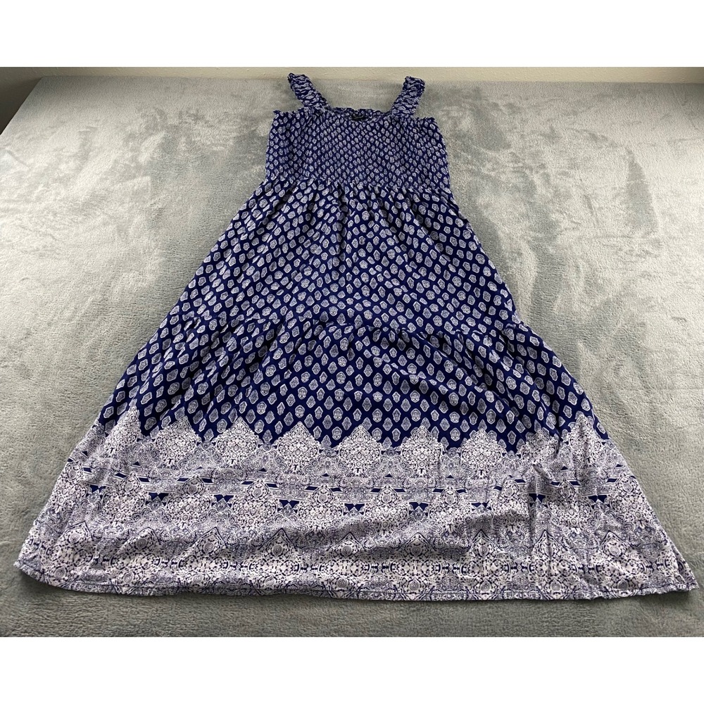 Style House Womens Blue White Boho Smocked Maxi Dress XL Rayon Geometric Print